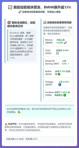 美股加密板块普涨，BMNR飙升逾13%