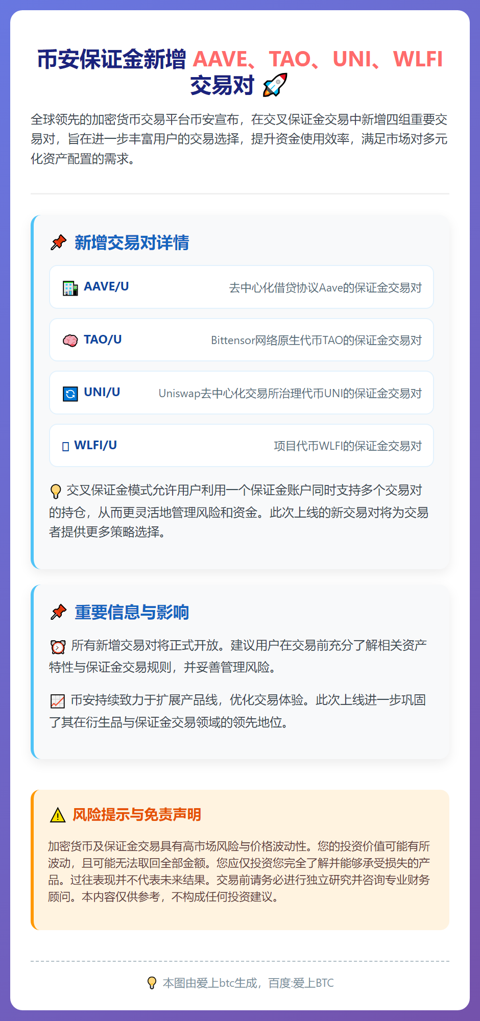 币安保证金新增AAVE、TAO、UNI、WLFI交易对