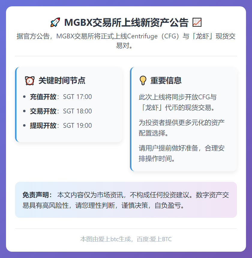 MGBX今18时上线CFG及龙虾现货交易