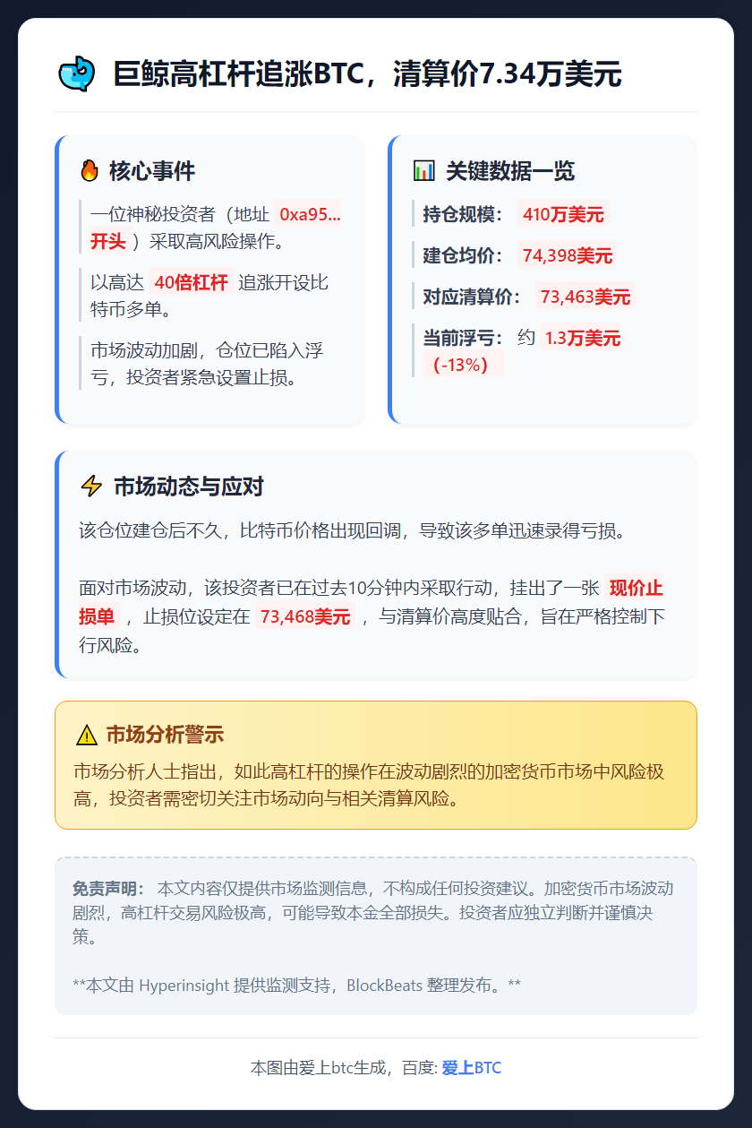 巨鲸高杠杆追涨BTC，清算价7.34万美元