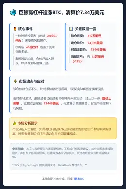 巨鲸高杠杆追涨BTC，清算价7.34万美元