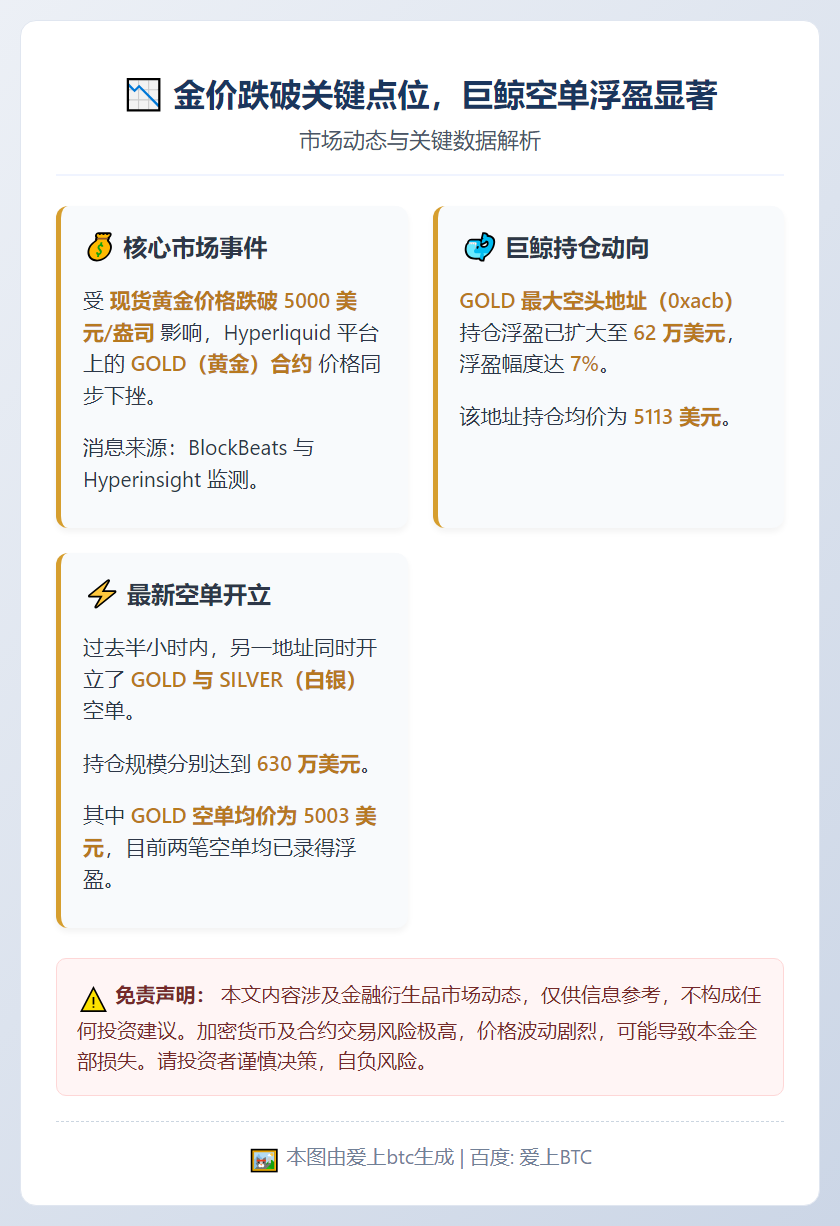 金价跌破5000美元，巨鲸做空310万美元