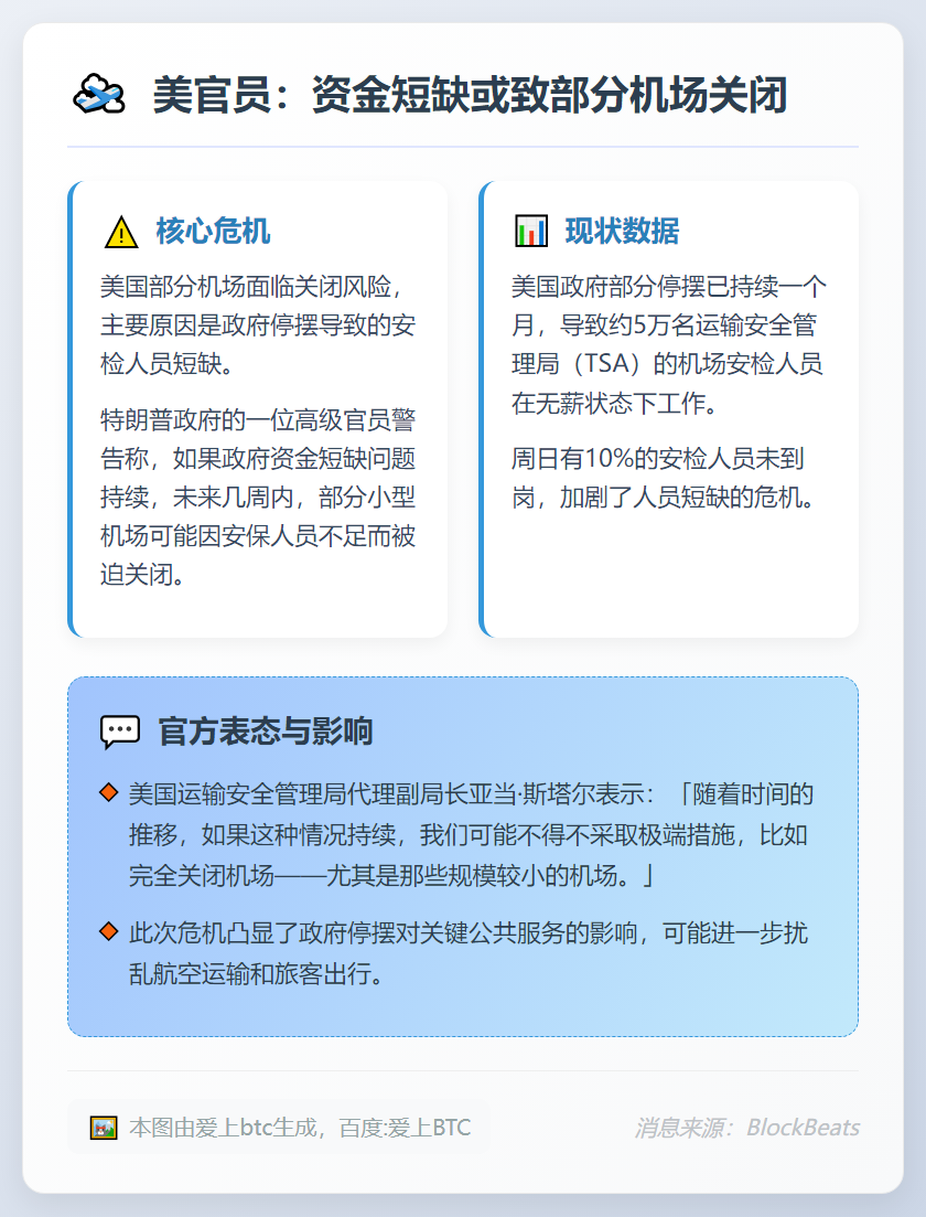 美官员：资金短缺或致部分机场关闭