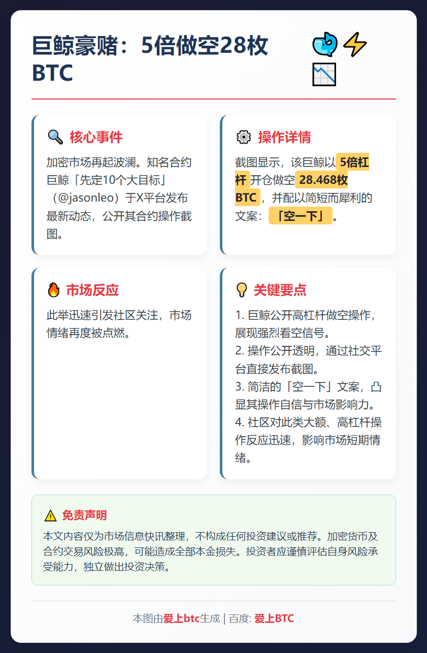 巨鲸豪赌：5倍做空28枚BTC