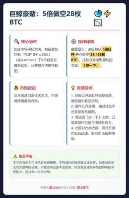 巨鲸豪赌：5倍做空28枚BTC