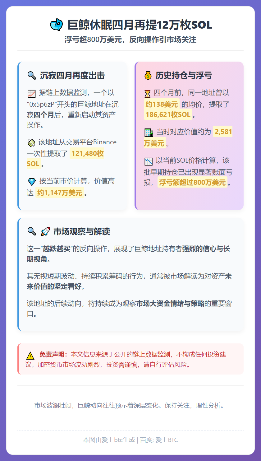 巨鲸休眠四月再提12万枚SOL，浮亏超800万美元