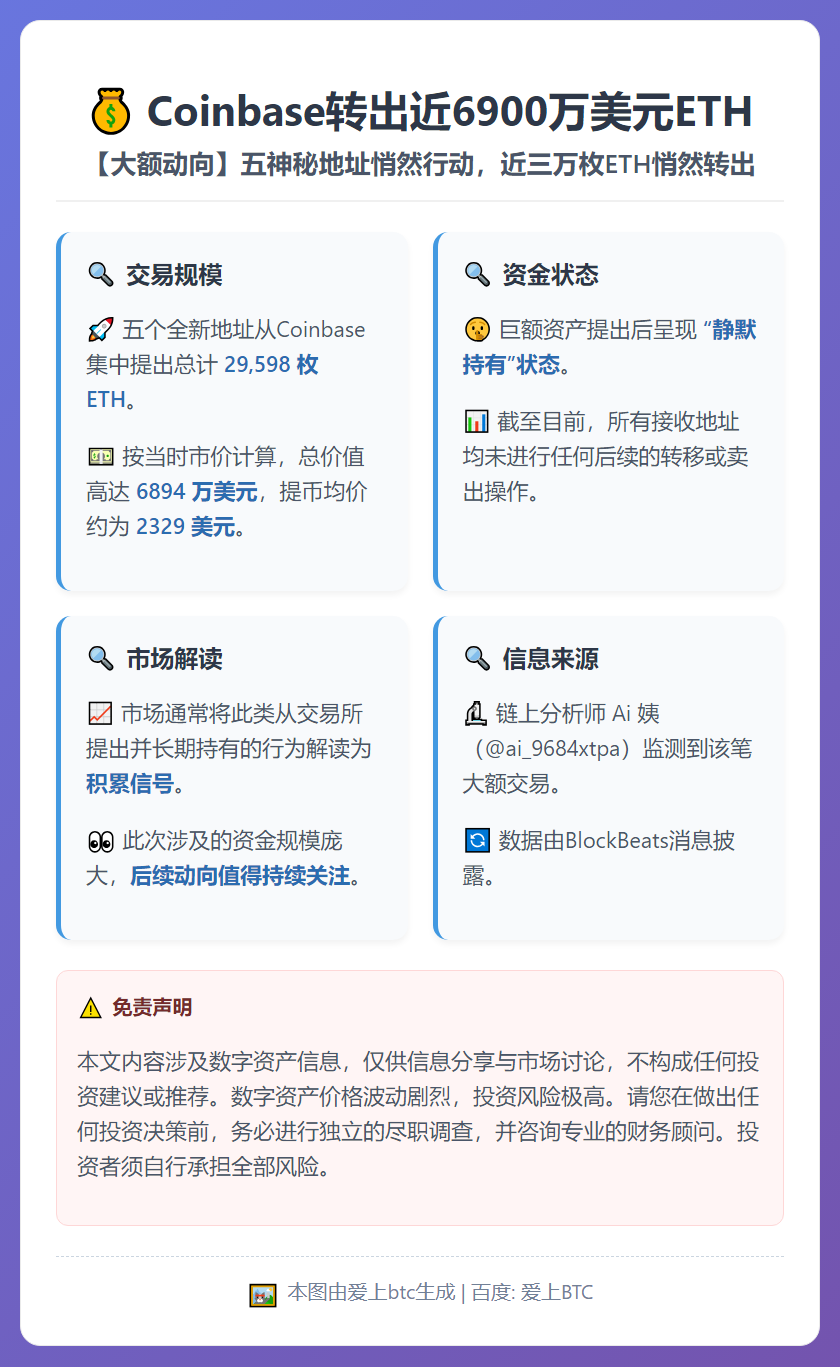 Coinbase转出近6900万美元ETH