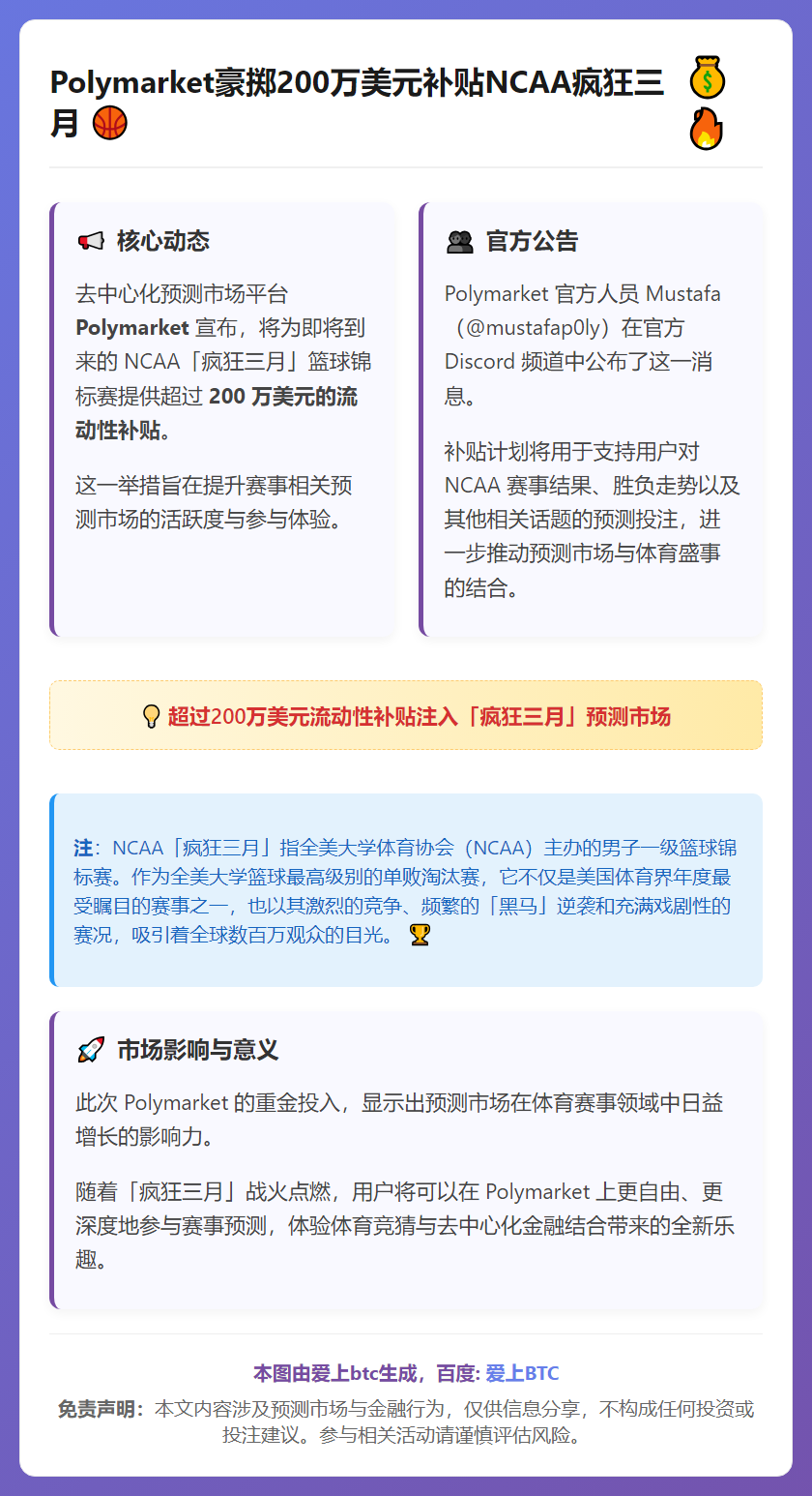 Polymarket豪掷200万美元补贴NCAA疯狂三月