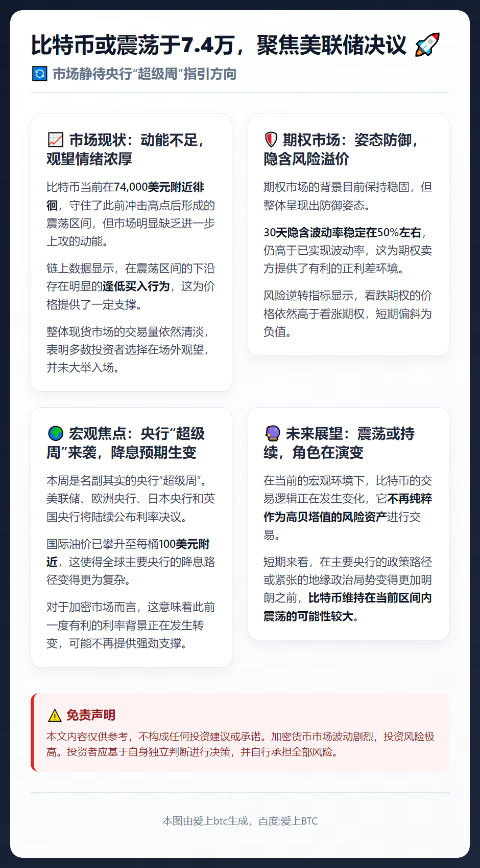 比特币或震荡于7.4万，聚焦美联储决议