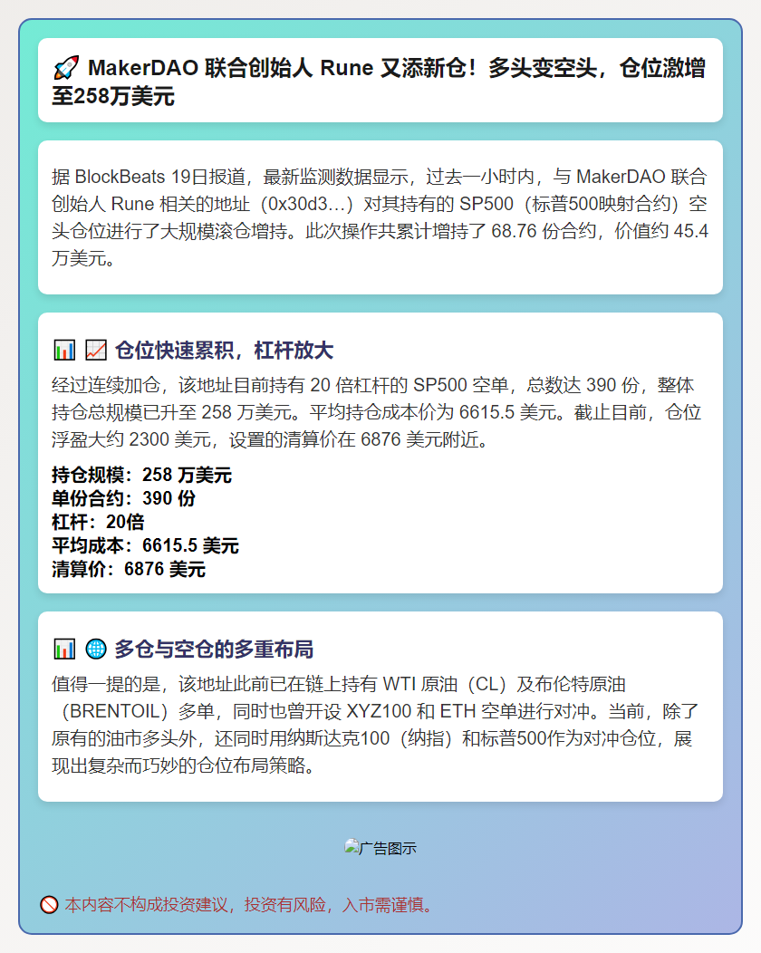 MakerDAO创始人Rune持续增持标普空单，持仓已达25