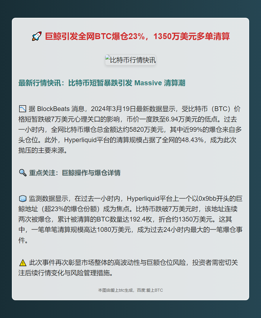 巨鲸引发全网BTC爆仓23%，1350万美元多单清算