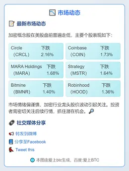 美股盘前加密股普跌 CRCL跌2.16%