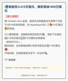 鲸鱼存入410万美元，做多原油1608万美元