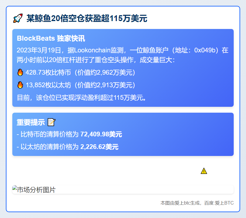 某鲸鱼20倍空仓获盈超115万美元