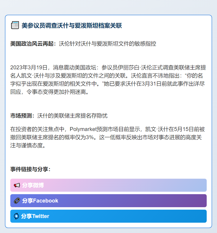 美参议员调查沃什与爱泼斯坦档案关联