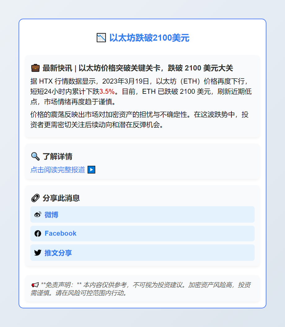 以太坊跌破2100美元