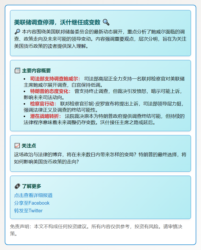 美联储调查停滞，沃什继任或变数