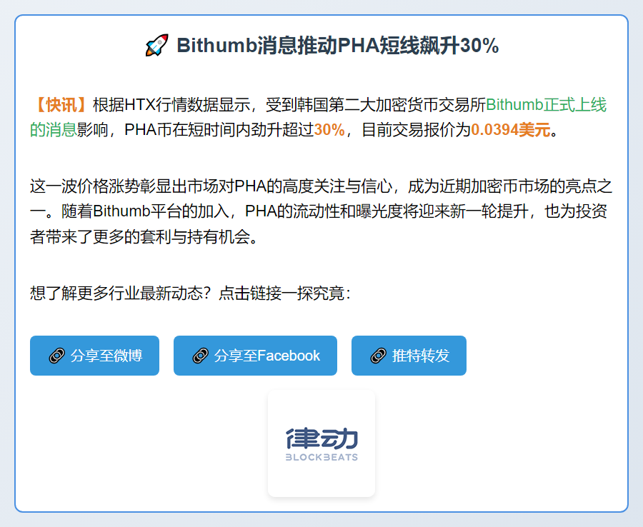 Bithumb消息推动PHA短线飙升30%