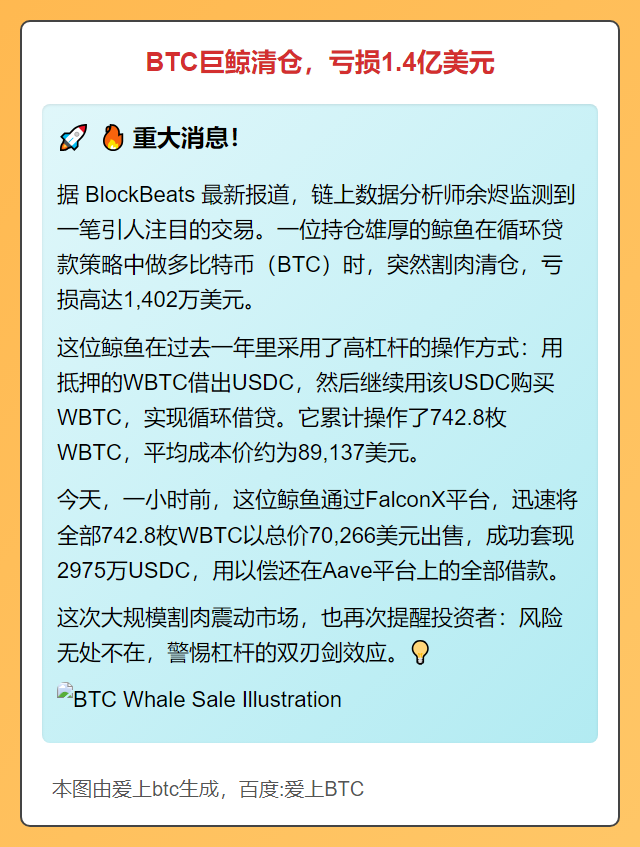 BTC巨鲸清仓，亏损1.4亿美元