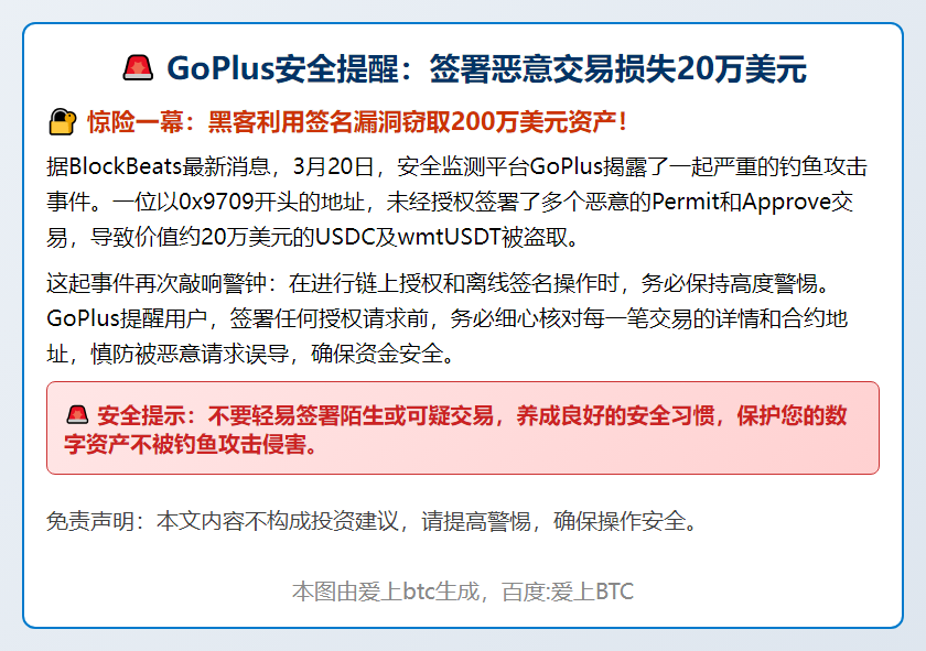 GoPlus安全提醒：签署恶意交易损失20万美元