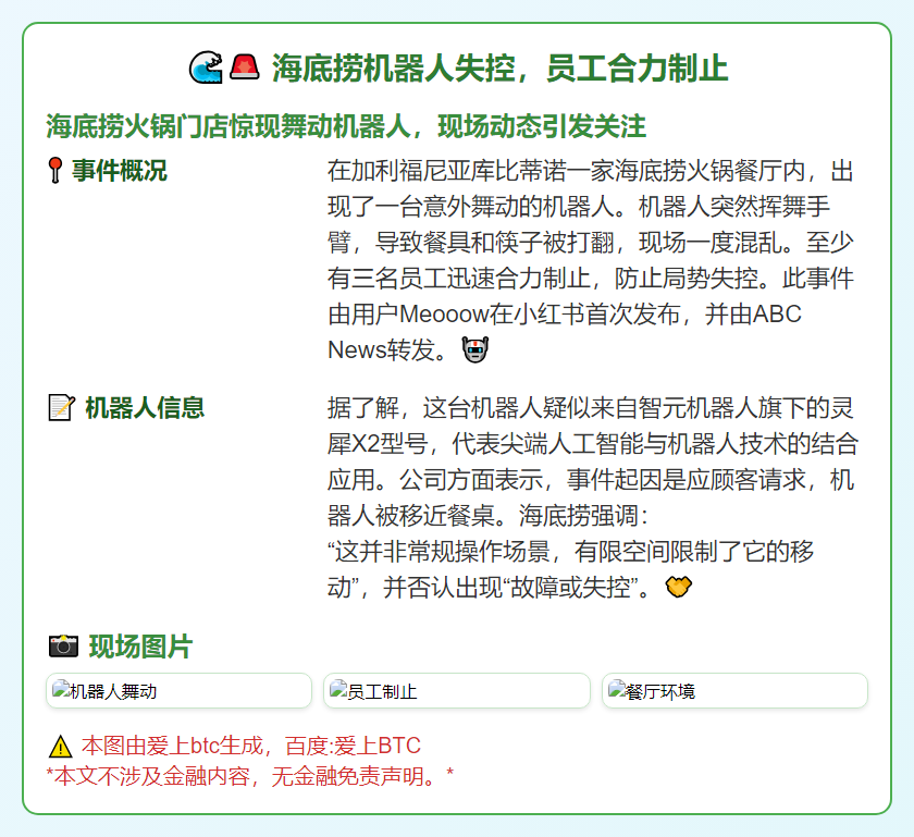 海底捞机器人失控，员工合力制止