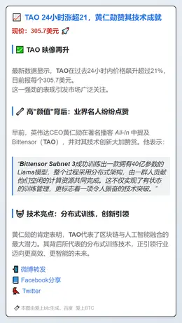 TAO 24小时涨超21，黄仁勋赞其技术成就