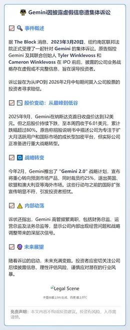 Gemini因披露虚假信息遭集体诉讼