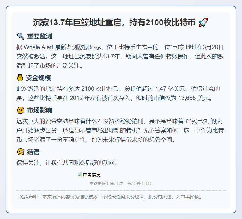 沉寂13.7年巨鲸地址重启，持有2100枚比特币
