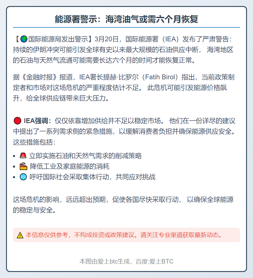 能源署警示：海湾油气或需六个月恢复