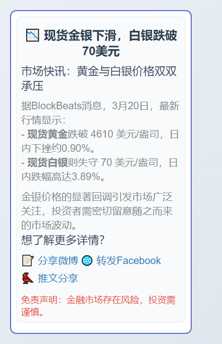 现货金银下滑，白银跌破70美元