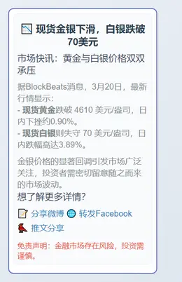 现货金银下滑，白银跌破70美元