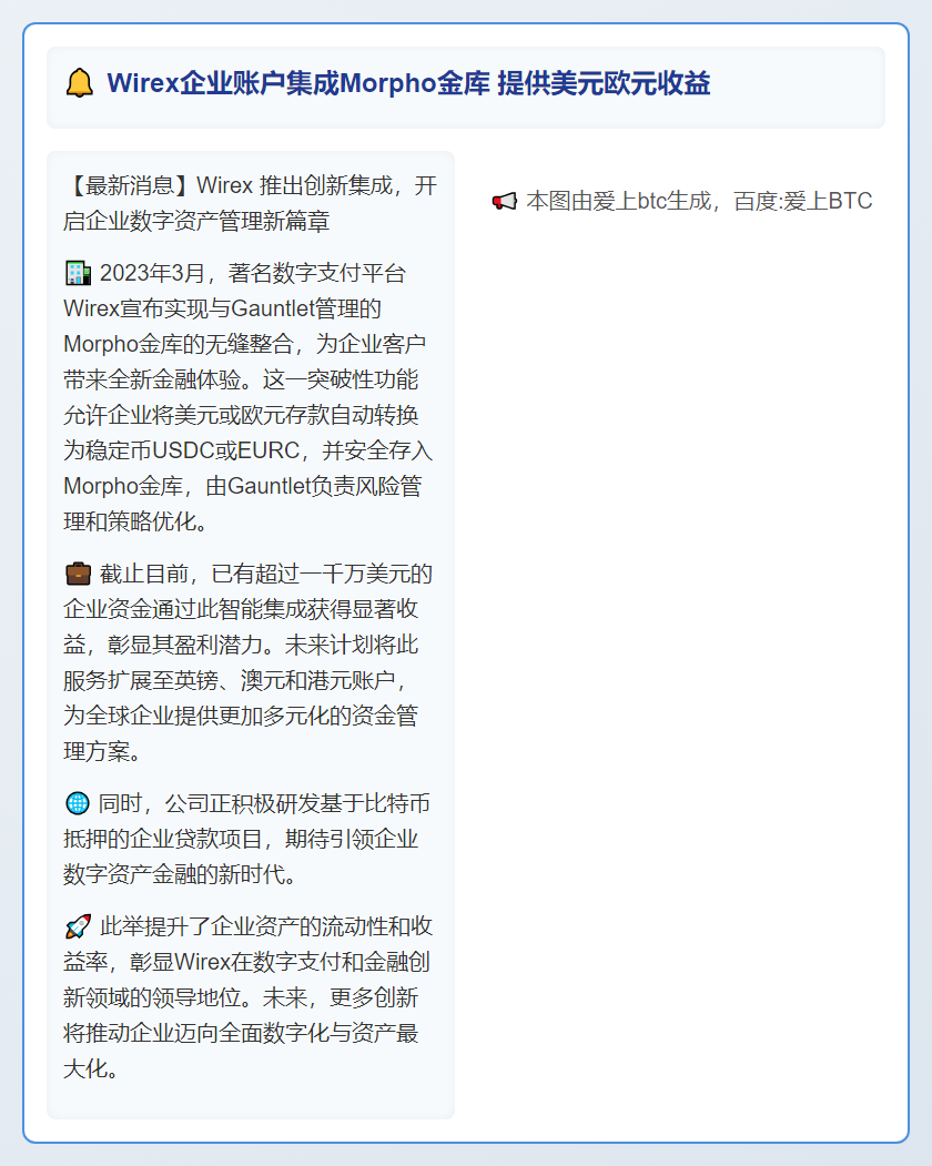 Wirex企业账户集成Morpho金库 提供美元欧元收益