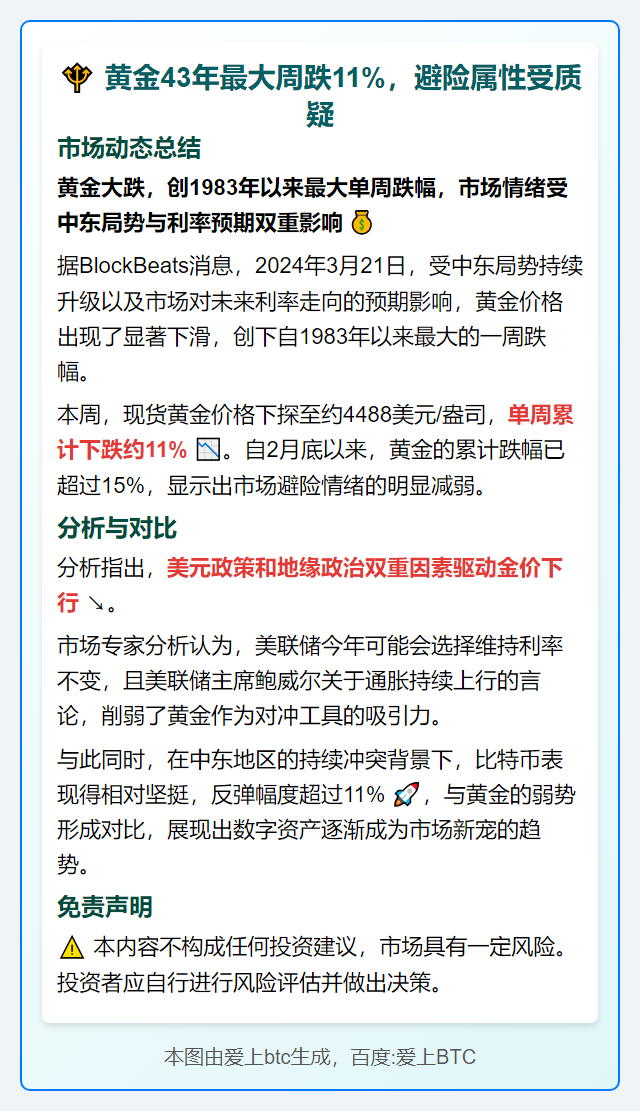 黄金43年最大周跌11%，避险属性受质疑
