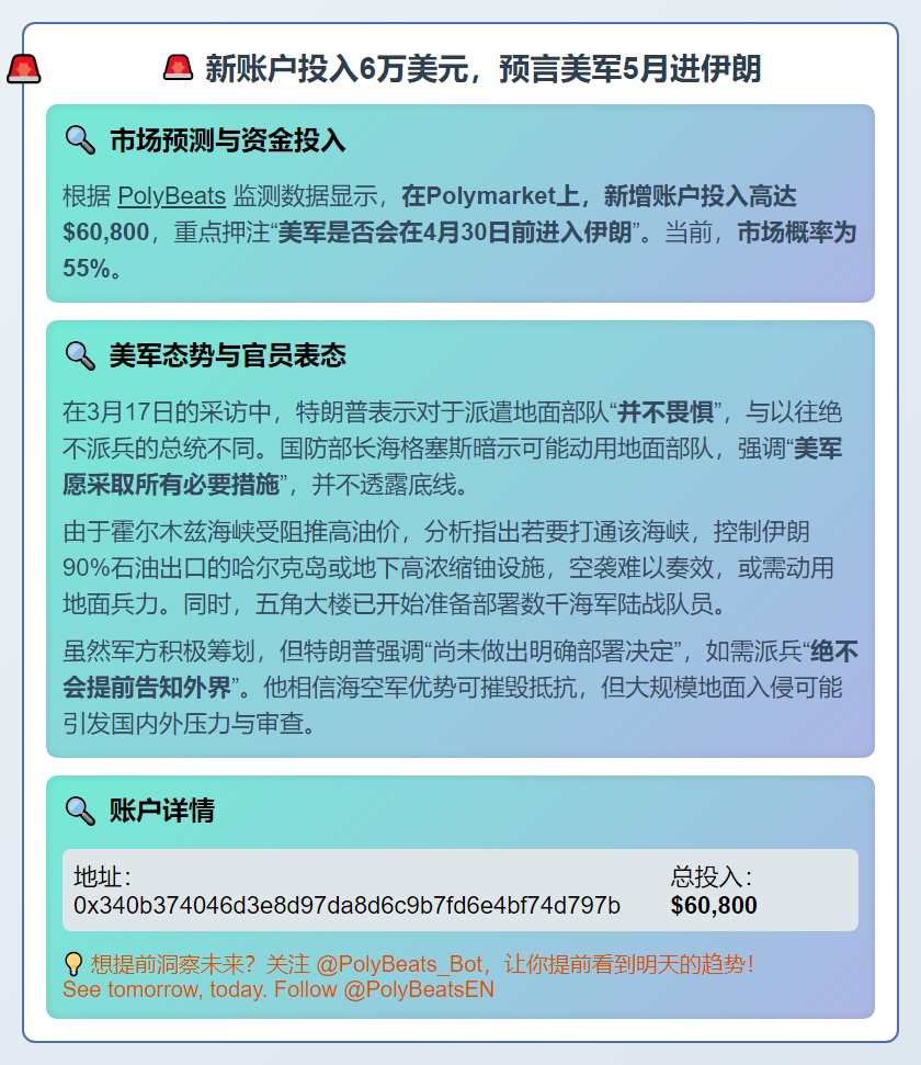新账户投入6万美元，预言美军5月进伊朗