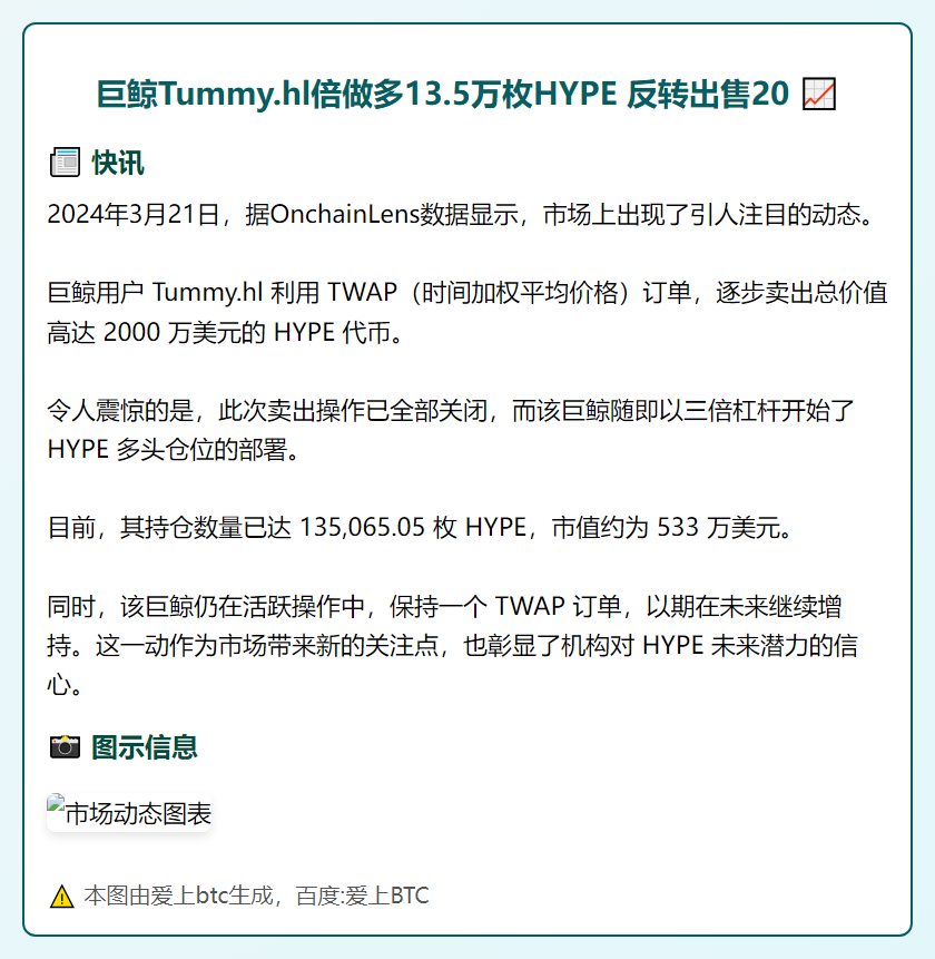 巨鲸Tummy.hl倍做多13.5万枚HYPE 反转出售20