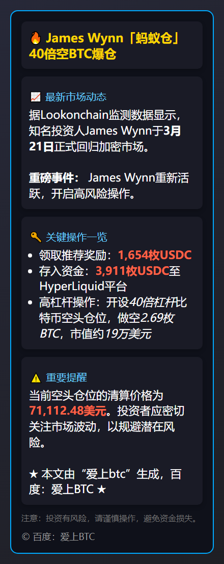 James Wynn「蚂蚁仓」40倍空BTC爆仓