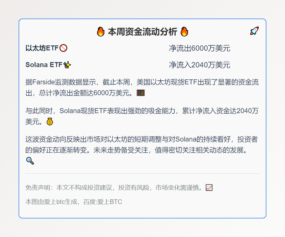 本周以太坊ETF净流出6000万，SolanaETF流入20