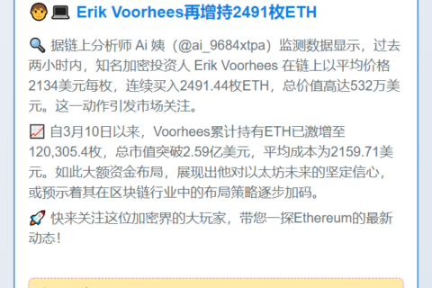 Erik Voorhees再增持2491枚ETH