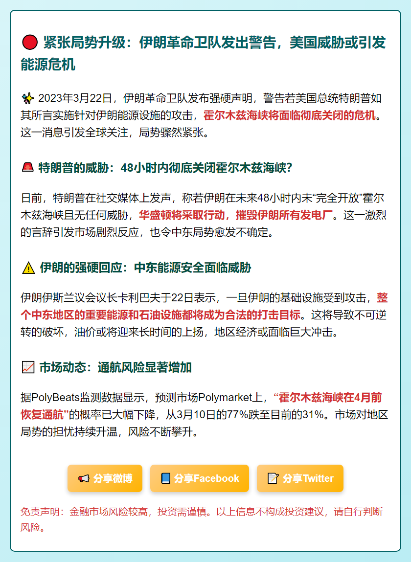 伊朗威胁封锁霍尔木兹海峡，恢复概率仅剩31%