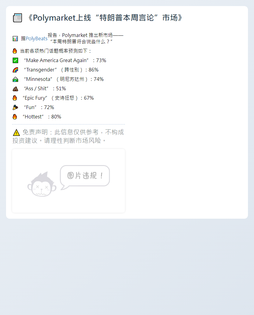 Polymarket上线“特朗普本周言论”市场