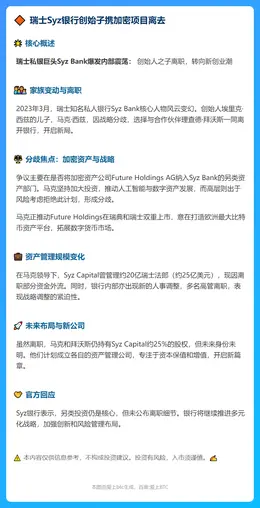瑞士Syz银行创始子携加密项目离去