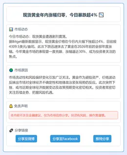 现货黄金年内涨幅归零，今日暴跌超4%