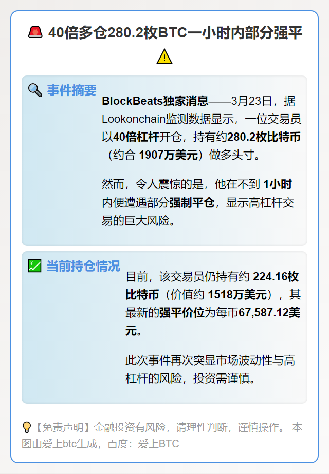 40倍多仓280.2枚BTC一小时内部分强平