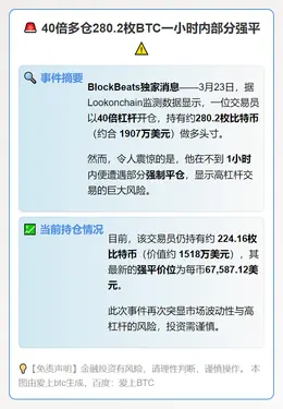 40倍多仓280.2枚BTC一小时内部分强平