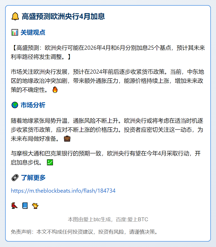 高盛预测欧洲央行4月加息