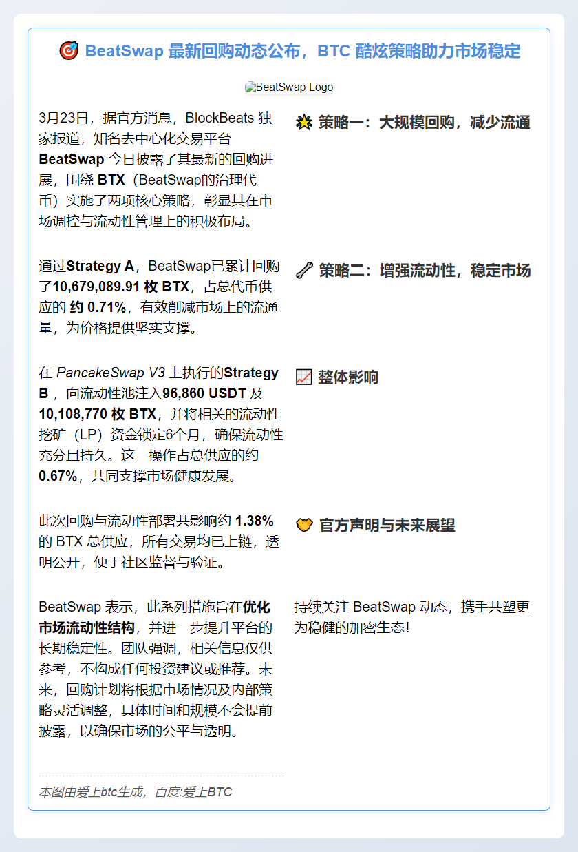 BeatSwap披露BTX回购进展：锁定及回购1.38%供应