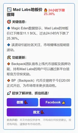 Mad Labs地板价跌至11.1SOL，24小时骤降25%
