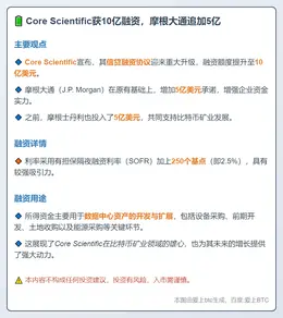 Core Scientific获10亿融资，摩根大通追加5亿