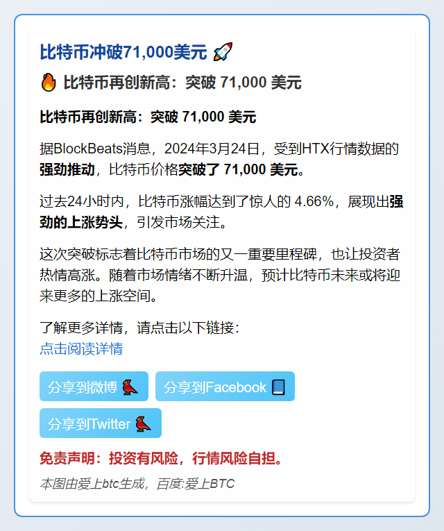 比特币冲破71,000美元