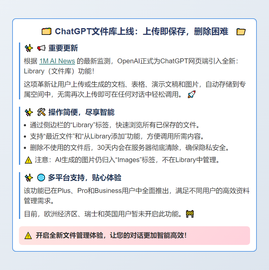 ChatGPT文件库上线：上传即保存，删除困难